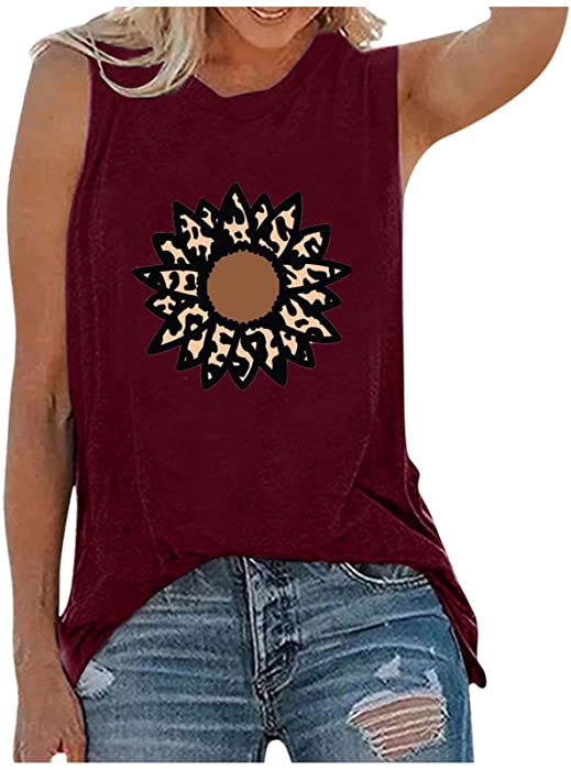 Workout Tops for Women Summer Sunflower Printed Graphic Sleeveless T Shirts Tank Top Casual Loose Cute Vest Tee Blouse