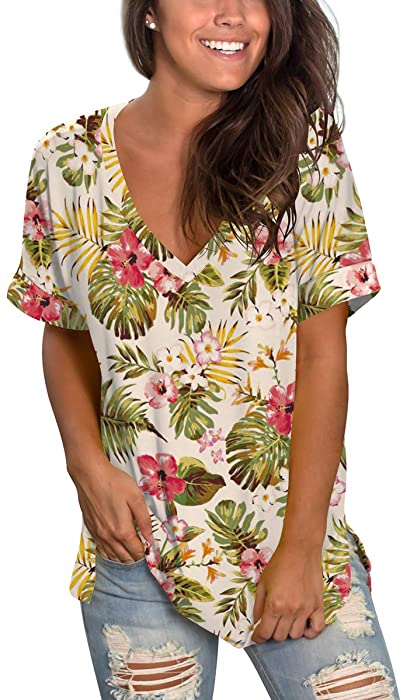 SAMPEEL Womens Summer Tops Floral Short Sleeve V Neck T Shirts Tee Printed Side Split Tunic