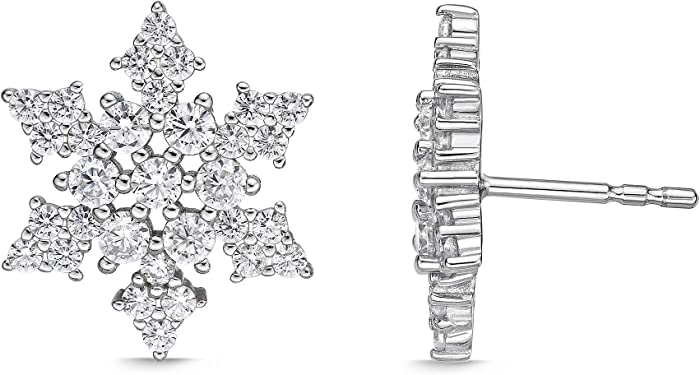 925 Sterling Silver Cubic Zirconia Snowflake Stud Earrings Post with Friction Back 13 mm by Lavari Jewelers