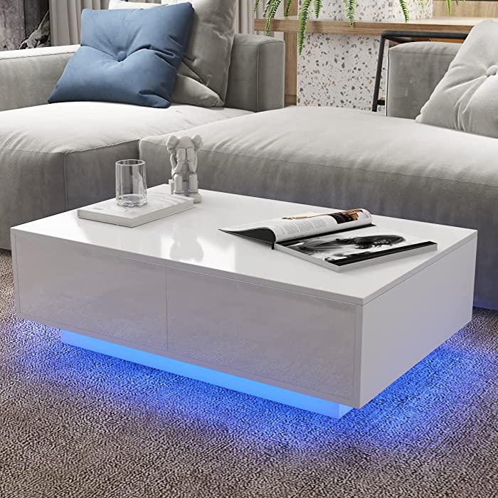 WOODYHOME LED Coffee Tables for Living Room, White Coffee Table with Storage, High Gloss Coffee Table with 16 Colors LED Lights and 4 Drawer, Center Table Modern Home Furniture