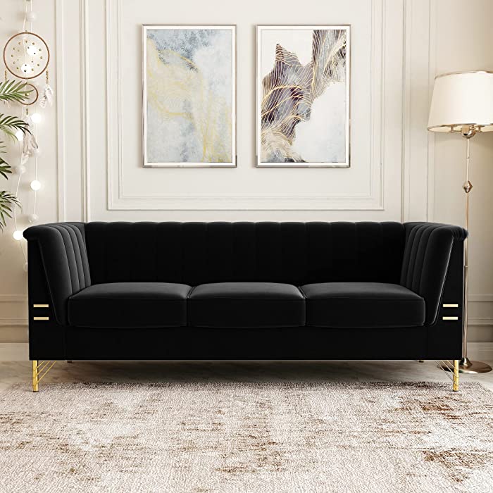 3 Seater Sofa with Arm-Rests – Contemporary Design – Comfortable and Soft Cushioning – Kiln Hardwood Frame with Velvet Upholstery – Gold Coloured Metal Legs – for Living Room (Black)