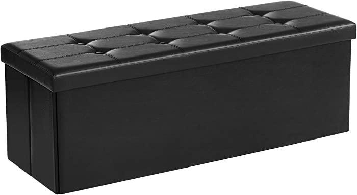 SONGMICS 43 Inches Folding Storage Ottoman Bench, Storage Chest, Footrest, Coffee Table, Padded Seat, Faux Leather, Holds up to 660 lb, Black ULSF701