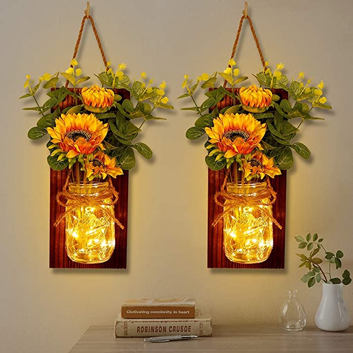 OurWarm Set of 2 Sunflower Mason Jar Sconces Wall Decor, Rustic Wall Sconces Handmade Hanging Mason Jars with LED Fairy Lights for Home Kitchen Living Room Farmhouse House Decorations Lights