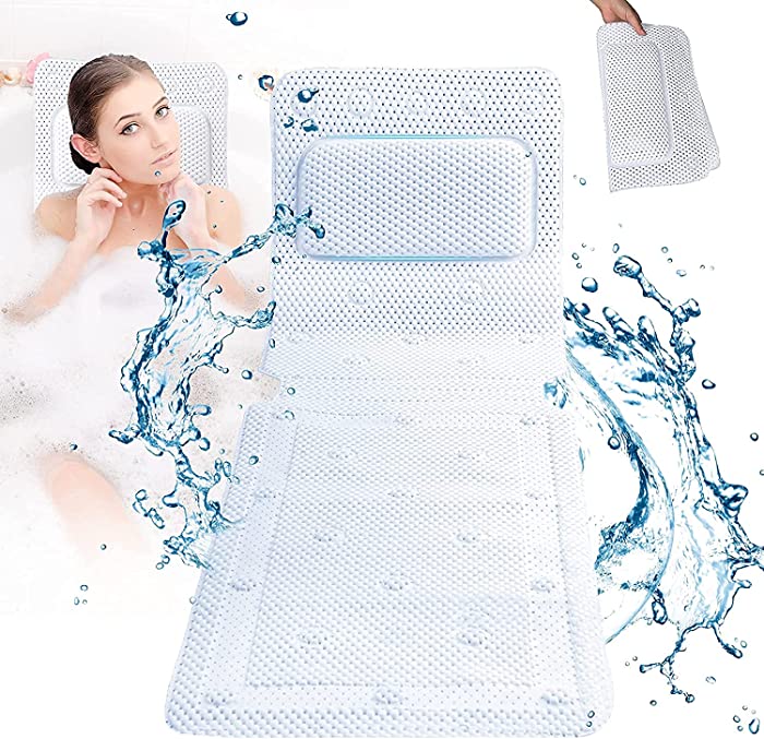 Full Body Bath Pillow 50"x 14" for Tub, Soft 3D Air Mesh with 30 Suction Cups,Non-Slip Thicked Spa Bathtub Pillow with Mat Support Head Neck and Back，Washing-Machine and Easy to Clean.
