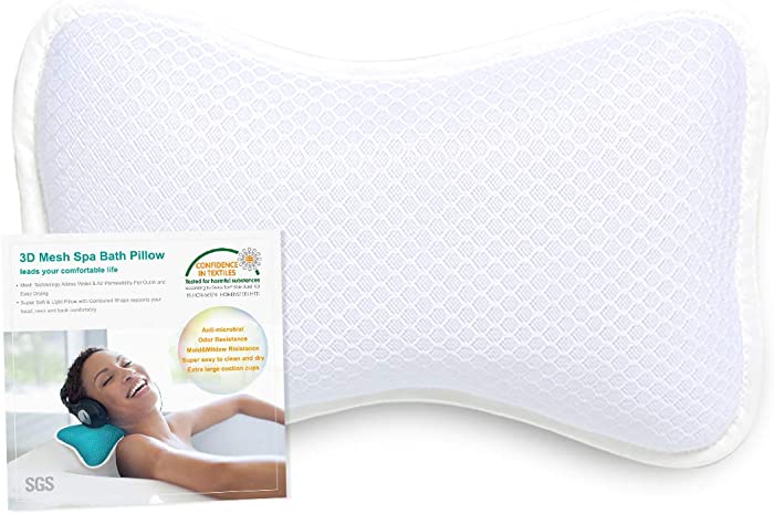 Coastacloud Bath Pillow with Suction Cups, Supports Neck and Shoulders Home Spa Pillows for Bathtub, Hot Tub, Tub Pillows Rest Portable, Relaxing & Comfortable - White