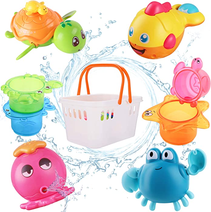 iPlay, iLearn Baby Bath Toys w/ Organizer, Water Squirting Octopus, Wind Up Swimming Turtle, Bathtub & Shower, Stacking Cups, Gift for 6, 9, 12, 18 Months 1, 2, 3 Years, Toddlers, Girls, Boys & Kids