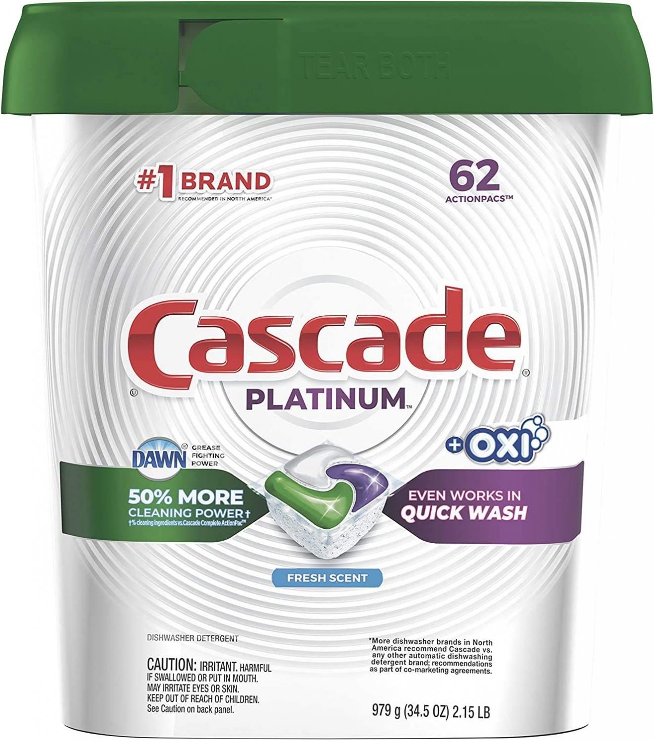 Cascade Platinum Dishwasher Pods, Actionpacs + Oxi Dishwasher Detergent with Dishwasher Cleaner Action, Fresh, 62 Count