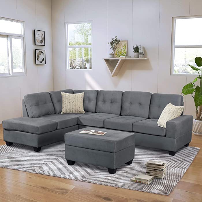 3 Piece Sectional Sofa Microfiber with Chaise Lounge Storage Ottoman and Cup Holders Grey, Sectional Sofa 3 Piece Sofa Sets Couches with Reversible Chaise Lounge Storage Ottoman for Living Room