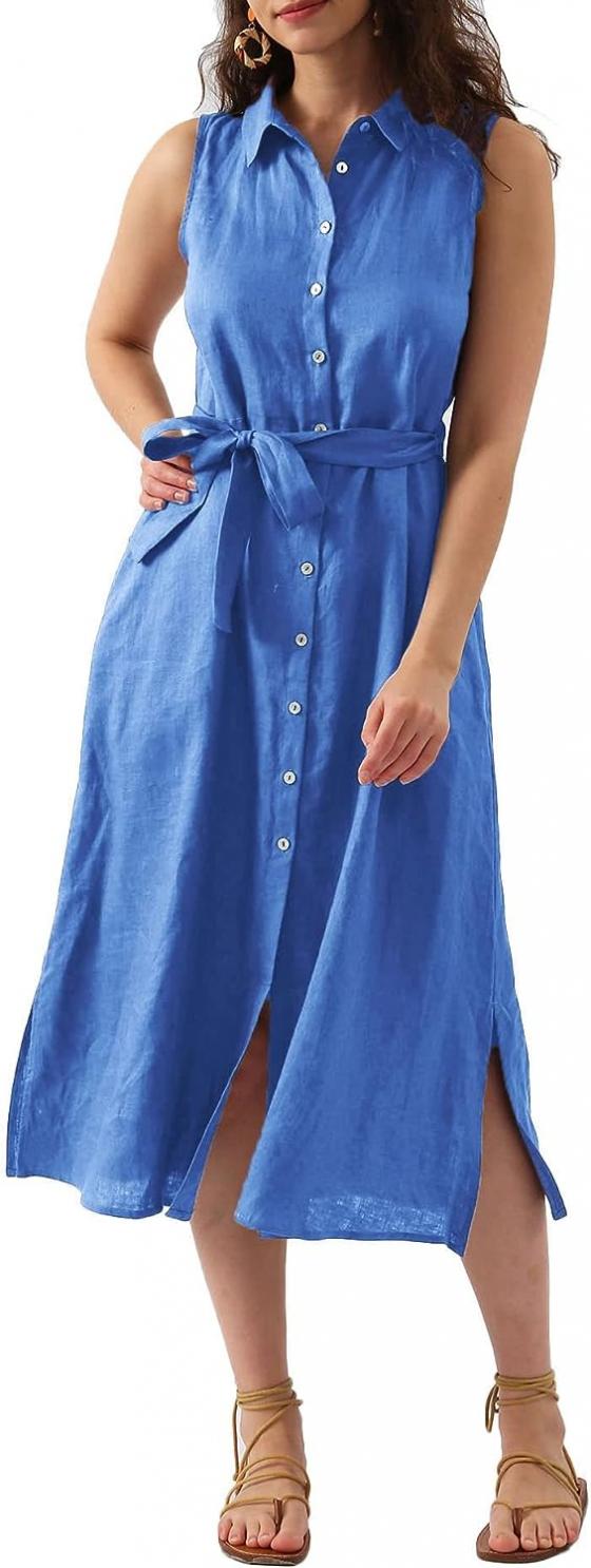 Amazhiyu Womens Pure Linen Summer Button Down Midi Dresses with Pockets and Belt