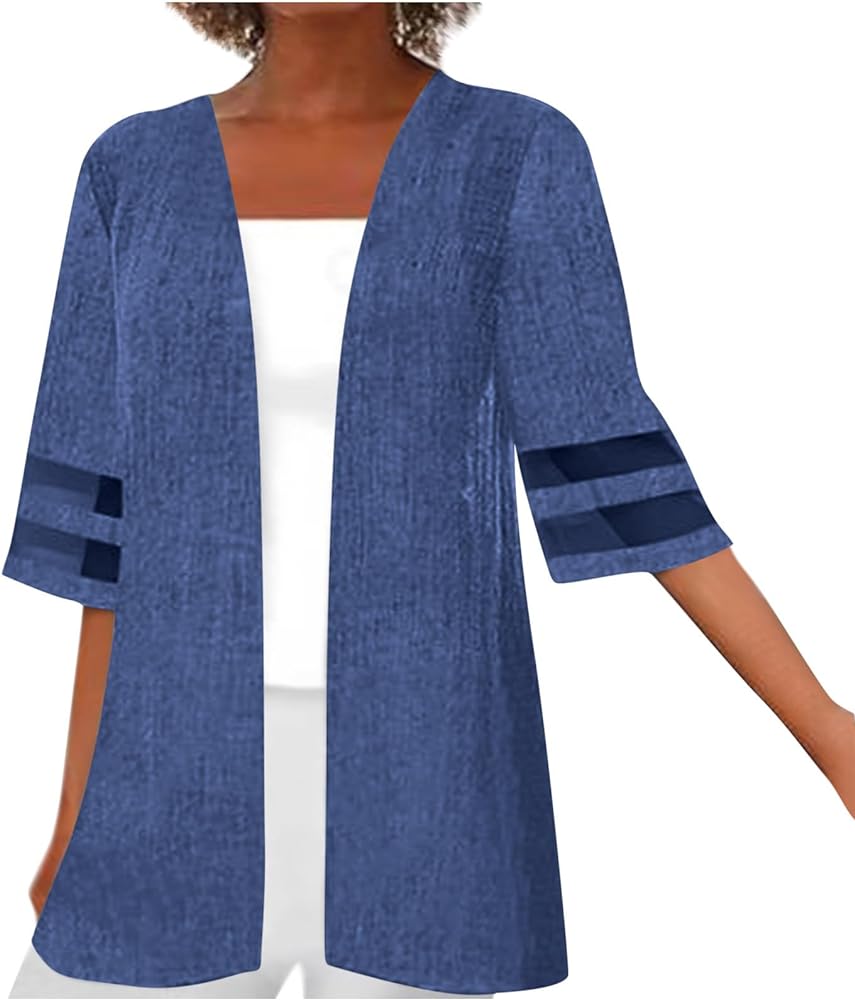 Stessotudo Womens Linen Cardigan Open Front Casual 3/4 Sleeve Tops Plus Size Solid Lightweight Trendy Cardigans Outerwear