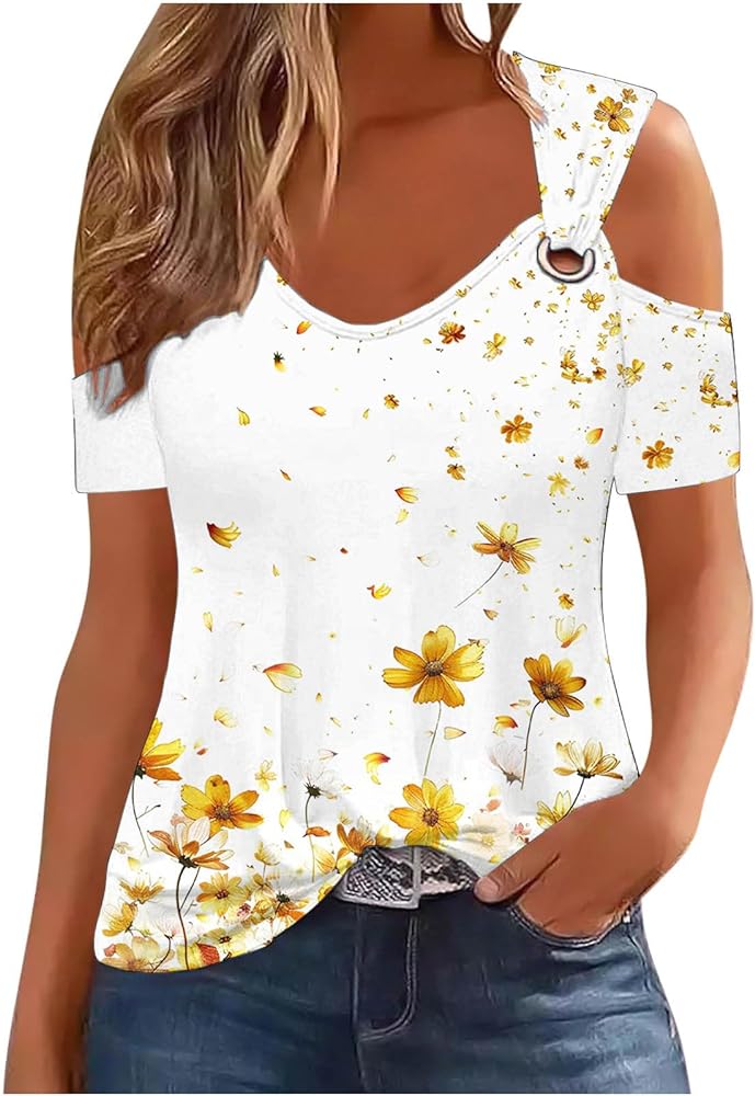 DASAYO Tops and Blouses for Women Trendy Secy V-Neck Cold Shoulder Short Sleeve Floral Shirts Ladies Summer Clothes 2024
