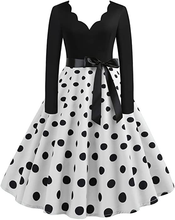Cocktail Party Dress Women's 1950s Vintage Bowknot Polka Dot Square Neck Short Sleeve Prom Swing Dresses
