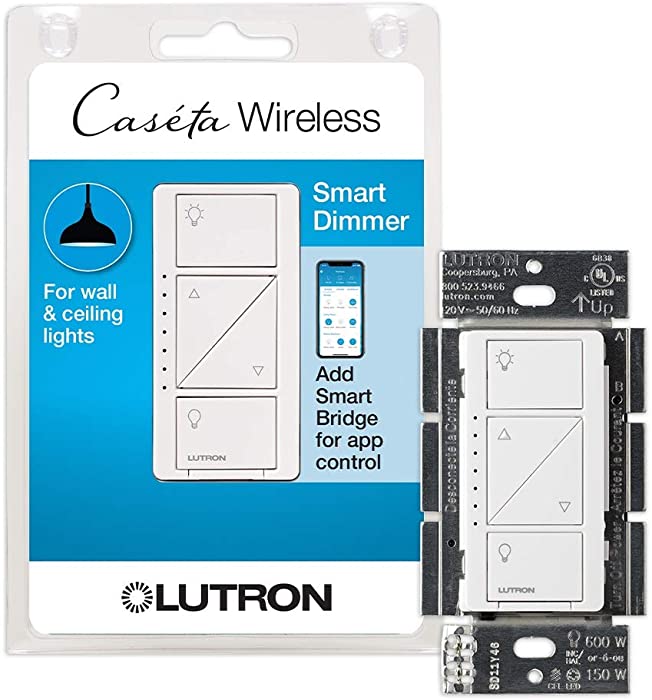 Lutron Caseta Smart Home Dimmer Switch, Works with Alexa, Apple HomeKit, and the Google Assistant | for LED Light Bulbs, Incandescent Bulbs and Halogen Bulbs | PD-6WCL-WH | White