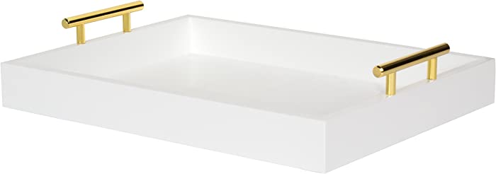 Kate and Laurel Lipton Decorative Tray with Polished Metal Handles, White and Gold
