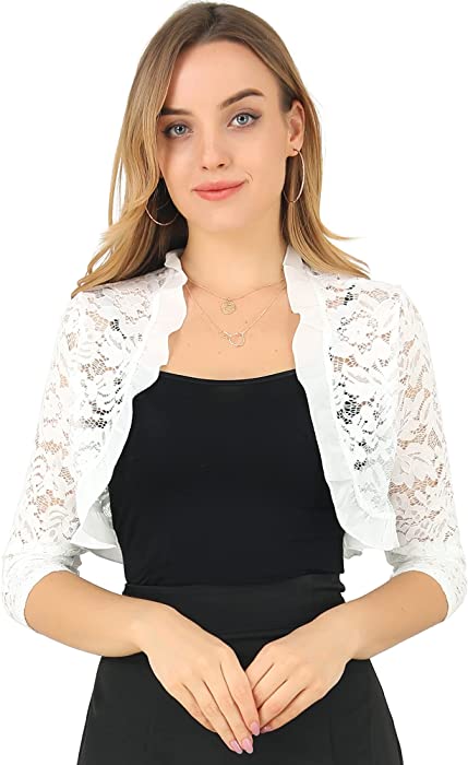 Allegra K Women's Elegant Ruffle Collar Crop Cardigan Sheer Floral Lace Shrug Top