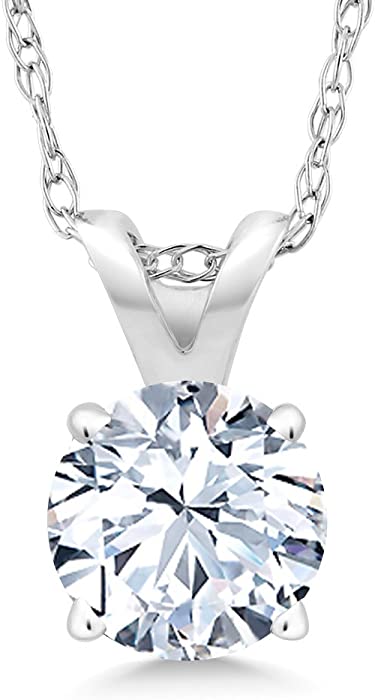 Gem Stone King 14K White Gold White Created Sapphire Pendant Necklace For Women Anniversary Birthday Gifts Her Wife Mom Yourself (1.20 Ct with 18 Inch Gold Chain)