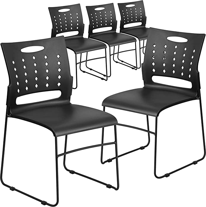 Lancaster Home 5 Pack Hercules Series 881 lb. Capacity Sled Base Stack Chair with Air-Vent Back Black