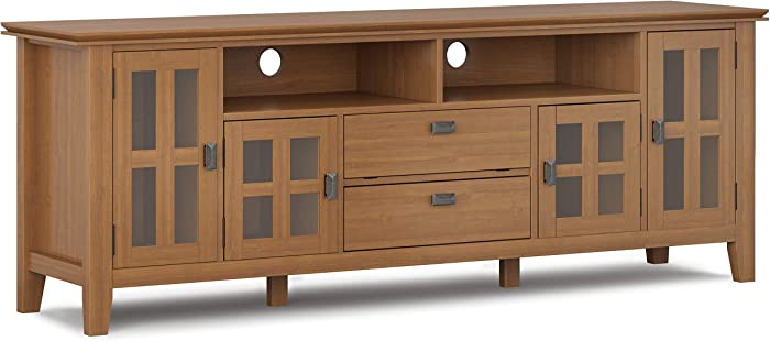 SIMPLIHOME Artisan SOLID WOOD Universal TV Media Stand, 72 inch Wide, Transitional, Living Room Entertainment Center, Storage Cabinet, for Flat Screen TVs up to 80 inches in Honey Brown