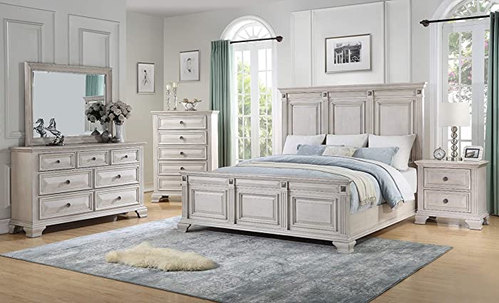 Roundhill Furniture Renova Wood Bedroom Set, King Panel Bed, Dresser, Mirror, Nightstand, Chest, Distressed Parchment