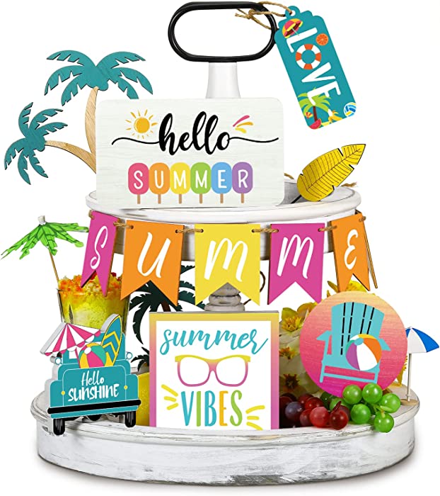 11 Pieces Summer Hawaii Tiered Tray Decor Set Summer Wood Sign Rustic Farmhouse Decor Summer Beach Sunshine Tiered Tray Decorative Trays Signs for Summer Beach Table Home Holiday(Summer Style)
