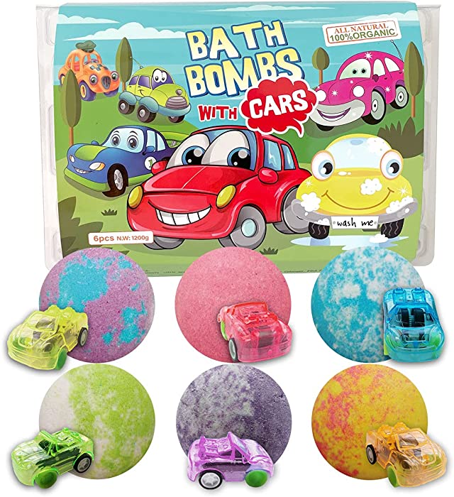 CF Natural Daily Cars Bath Bomb Gift Set with Pull-Back Cars Inside, 6 Pack 7oz Huge Bath Bombs for Kids, Organic Rich Foam and Strong Fizzie Bath Bombs for Chrildren