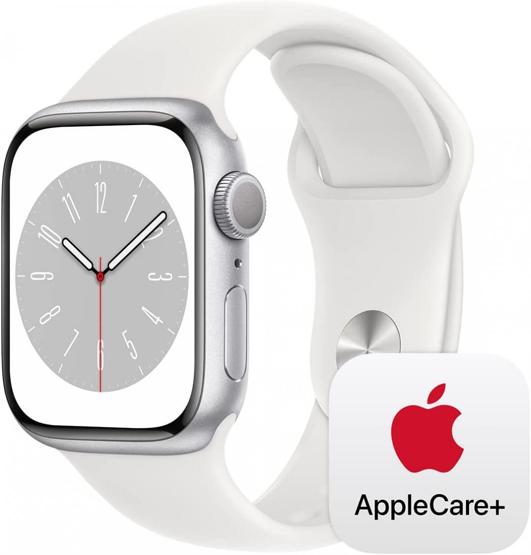 Apple Watch Series 8 [GPS 41mm] Smart Watch w/ Silver Aluminum Case with White Sport Band - M/L with AppleCare+ (2 Years)