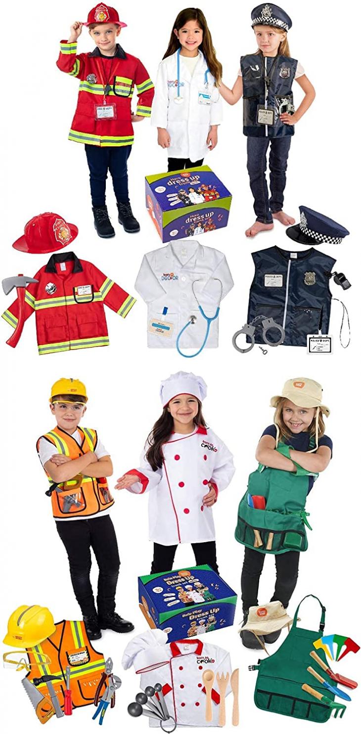 Born Toys Deluxe Premium Washable Hero and Dress up Trunk Set Bundle Includes Fireman,Policeman,Doctor,Construction worker,Gardener,Chef Costumes for Boys and Girls Ages 3-8