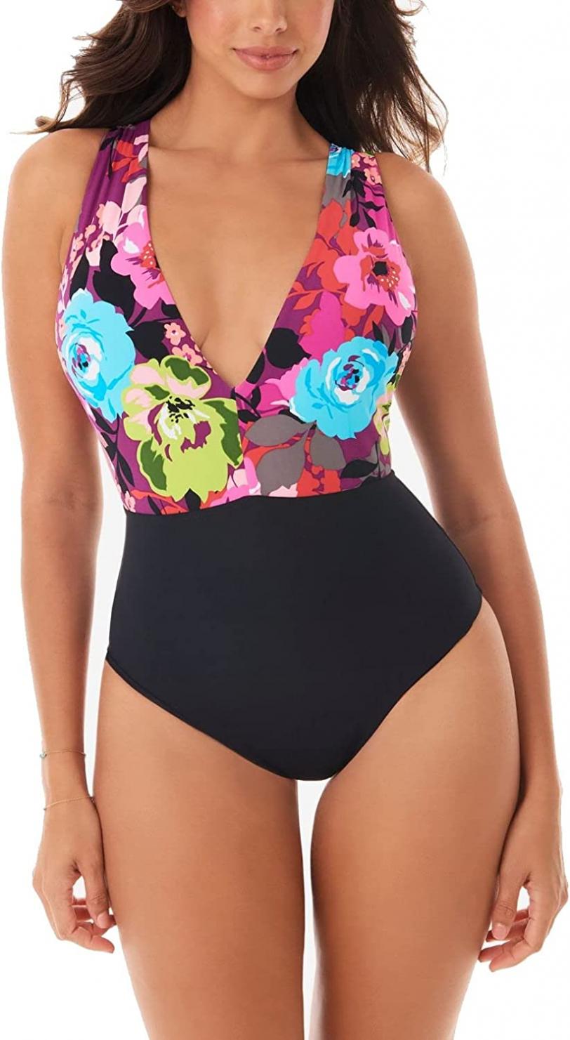 Skinny Dippers Women's Swimwear Flower Shop Lady Godiva Plunge Neckline Cross Back One Piece Swimsuit