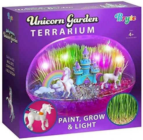 Bryte Unicorn Terrarium Kit for Kids: Fairy Lights & Paintable Figurines, Seeds, Soil & More - Unicorns Gifts for Girls – Science, Arts & Crafts, STEM Activities for Kids - Boys & Girls Toys Ages 4-10