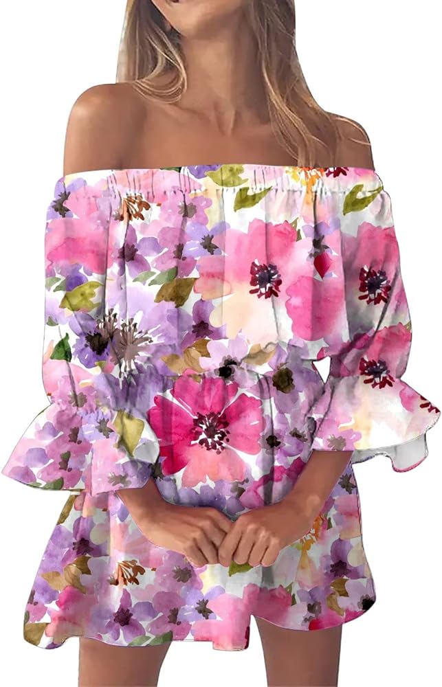 Off Shoulder Dresses for Women Summer Casual Plus Size Boho Floral Sundresses Loose Kimono Beach Vacation Mini Dress 2024