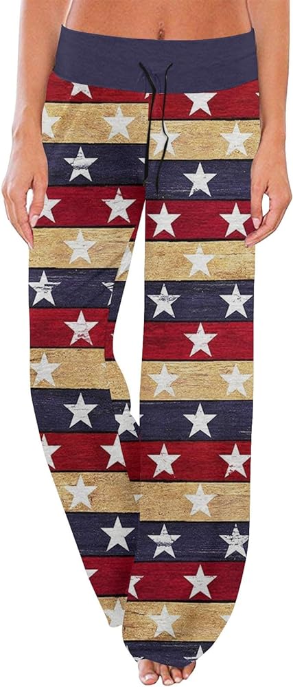 ADHOWBEW 4th of July Pants For Women 2024 Casual Flowy Elastic Waist Pants Trousers Holiday Stars Stripes Print Pajama Slacks