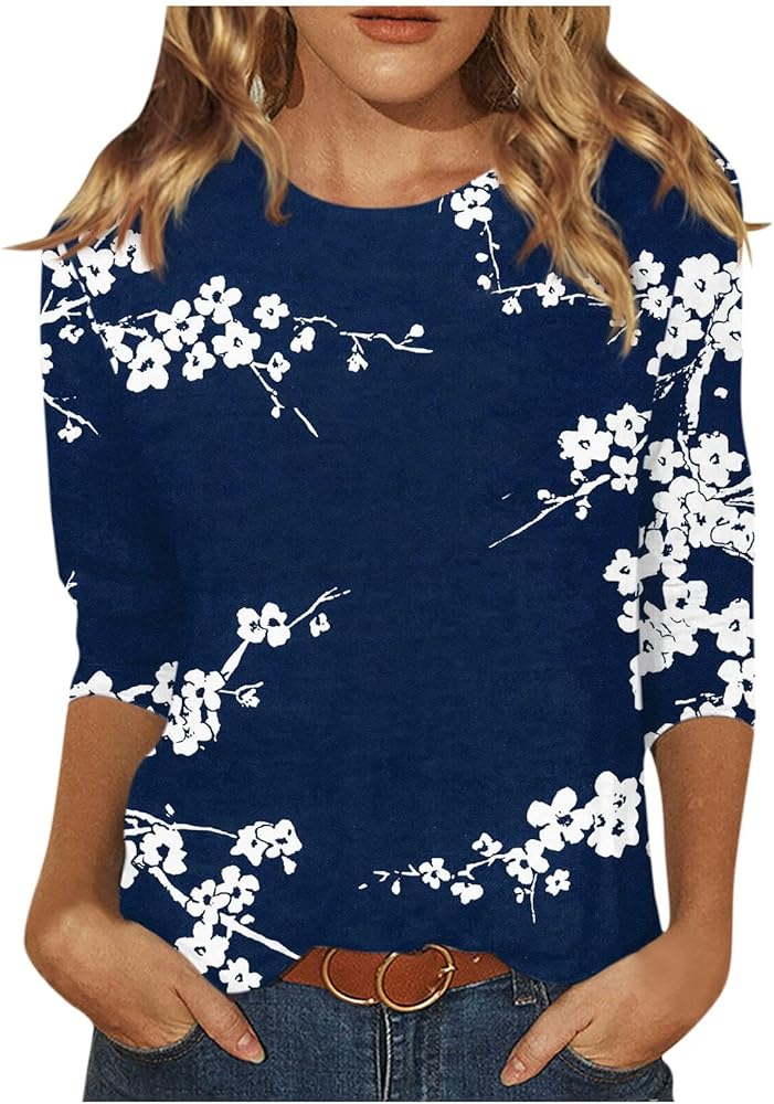 Women 3/4 Sleeve Tops and Blouses Crewneck Tropical Floral Flower Printed Office Work T-Shirt