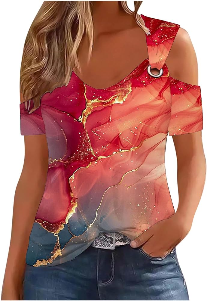 DASAYO Summer Tops for Women Cold Shoulder Short Sleeve V-Neck Sexy Blouses Casaul Color Block Floral Print Ladies Shirts