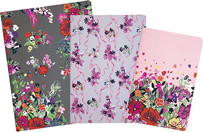 Vera Bradley Lined Notebook Journal Set of 3, Small Medium Large Softcover Travel Journals, 64 Pages Each, Blended Garden