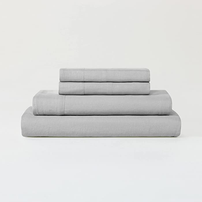 Sijo Premium Stone Washed 100% French Linen Bed Sheet Set, Small Batch Sourced from Normandy, Breathable and Durable, 3pc Set - 2 Pillowcases, 1 Fitted (Dove, Cal King - Minimal 3 Piece)