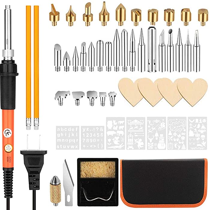 Soldering Iron Kit, 50Pcs Wood Burning Pyrography Pen Kit, 60W/110V Adjustable Temperature Welding Tool Wood Craft Tools for Wood Burning/Soldering/Carving with Stencils+ Wood Soldering Tips+ Pencils