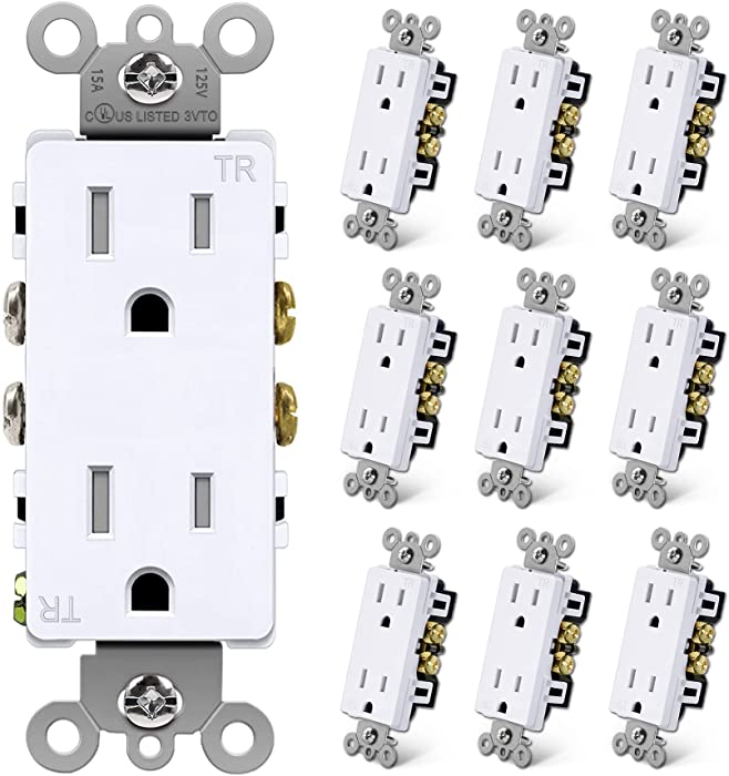 [10 Pack] BESTTEN 15 Amp Decorator Wall Receptacle, Tamper Resistant Outlet (TR), 15A/125V/1875W, cUL Listed, Snow White