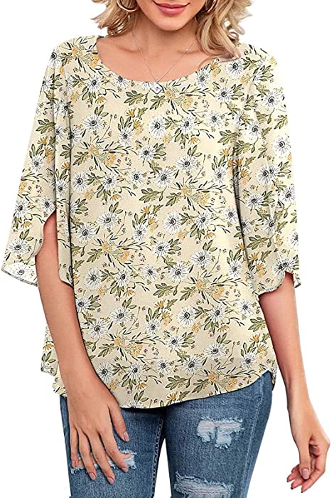Women's Business Casual Scoop Neck 3/4 Sleeves Chiffon Work Blouse Shirt Top Floral Solid Loose Fitting T-Shirt Tunics