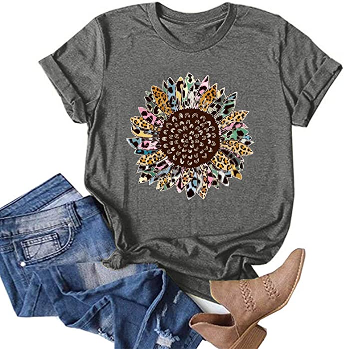 T-Shirt for Women Cute Sunflower Dandelion Printed Summer Tops Crew Neck Casual Loose Short Sleeve Graphic Tees Shirts