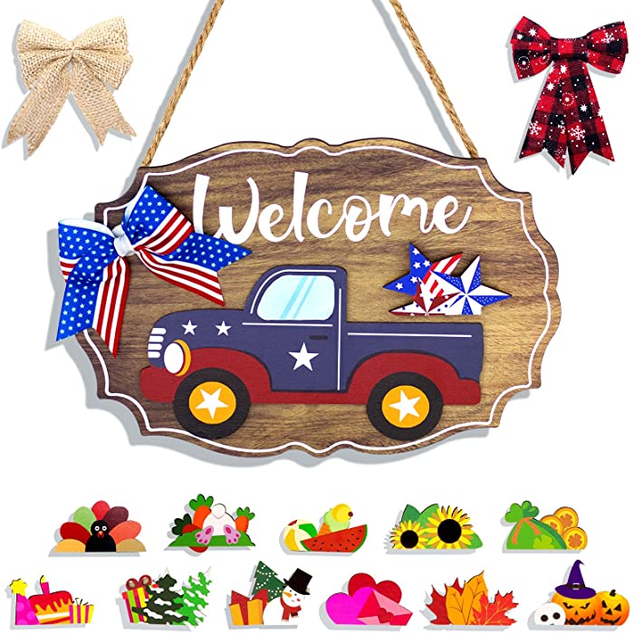 Truck Welcome Sign for Front Door, Welcome Sign and Home Decoration, OVMKOV Welcome Sign Truck Decor with 12 Interchangeable Holiday Icons & 3 Bows for Birthday Halloween Christmas Easter Holiday
