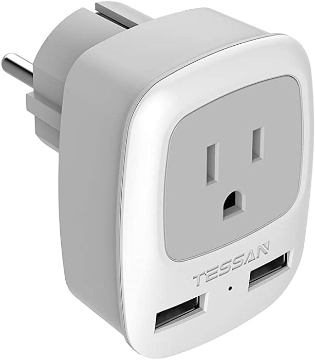 Germany France Travel Power Adapter, TESSAN Schuko European Plug with 2 USB, Type E F Outlet Adaptor Charger for US to Europe EU German French Russia Iceland Spain Greece Norway Korea