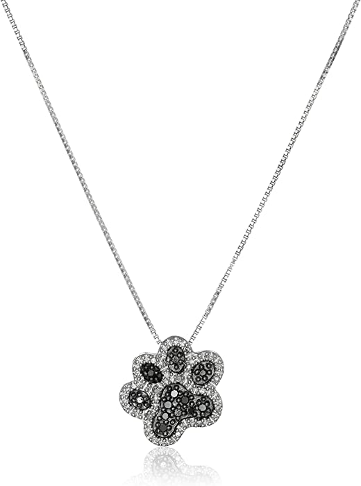 Amazon Collection Sterling Silver Black and White Diamond Dog Paw Pendant Necklace (1/10 cttw), 18"
