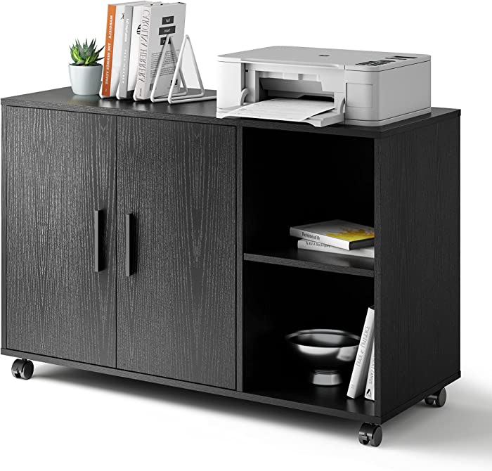 DEVAISE Rolling File Cabinet, Wood Storage Cabinet with Dual Doors, Large Printer Stand on Lockable Wheels for Home Office, Black