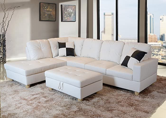 Beverly Fine Furniture Left Facing Russes Sectional Sofa Set With Ottoman, White