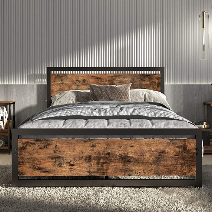LIKIMIO Industrial Full Bed Frame with Headboard and Footboard, Strong 4 U-Shaped Support Frames & 2 Independent Support Rods & 9 Support Legs, Noise-Free, No Box Spring Needed