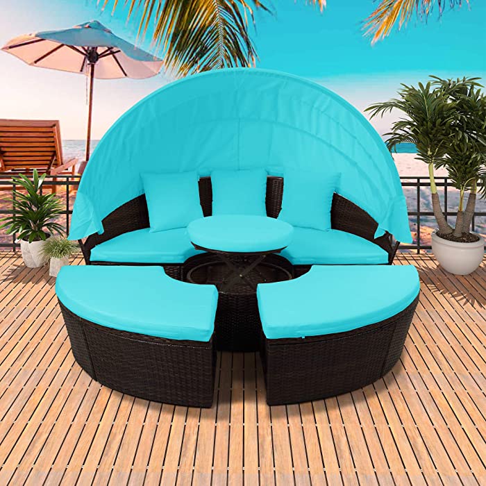 GLORHOME Outdoor Rattan Daybed Sunbed Furniture with Retractable Canopy and Seperate Seating,Convetile Round Sectional Sofa Set w/Washable Cushions for Backyard,Porch,Blue