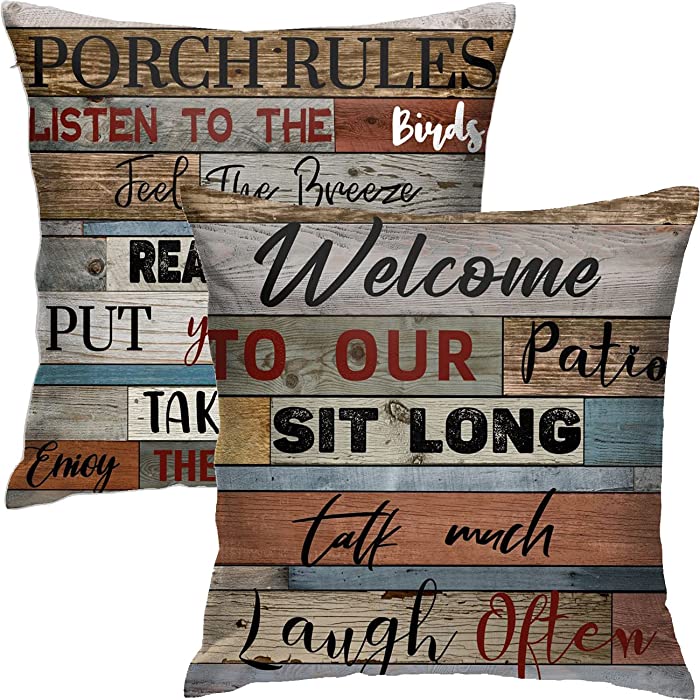 Porch Outdoor Pillows Set of 2,Decorative Porch Rules Outdoor Pillows Cover,Vintage Art Outdoor Cushion Covers,Patio Bench Cushions Cover for Bed Chair Sofa (Brown)