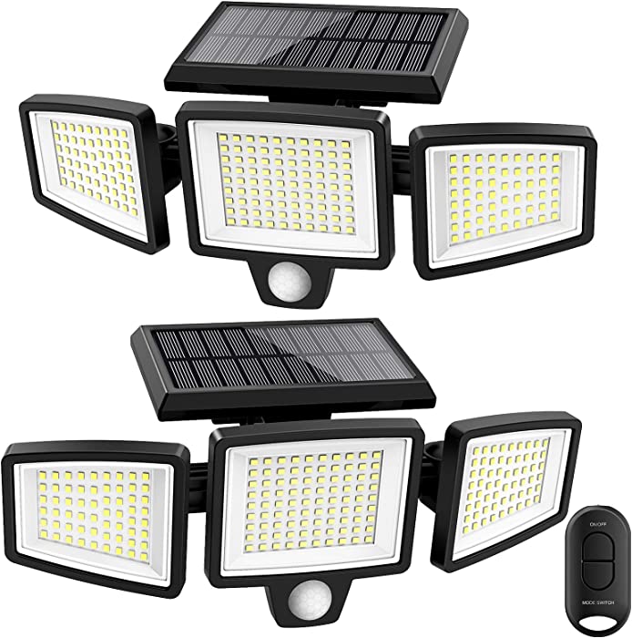 Solar Lights Outdoor,WWimy 210 LED 2500LM Motion Sensor Lights with Remote Control, 3 Heads Security LED Flood Lights, IP65 Waterproof, 270° Wide Angle Illumination Wall Lights with 3 Modes(2 Packs)