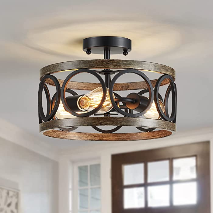 XINGQI Farmhouse Semi Flush Mount Ceiling Lighting Fixture, 13” Drum Lamp with Round Metal Shade for Dining Room Bedroom Black + Wood Grain Finish Pendant Light 3 E26 Bulbs Required