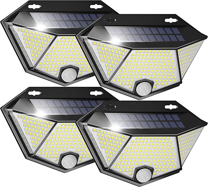 Otdair 308 LED Solar Lights Outdoor, Solar Motion Lights with 3 Lighting Modes, IP65 Waterproof Solar Security Light, Solar Wall Light for Garden, Yard, Patio, Garage Pathway, 4 Pack